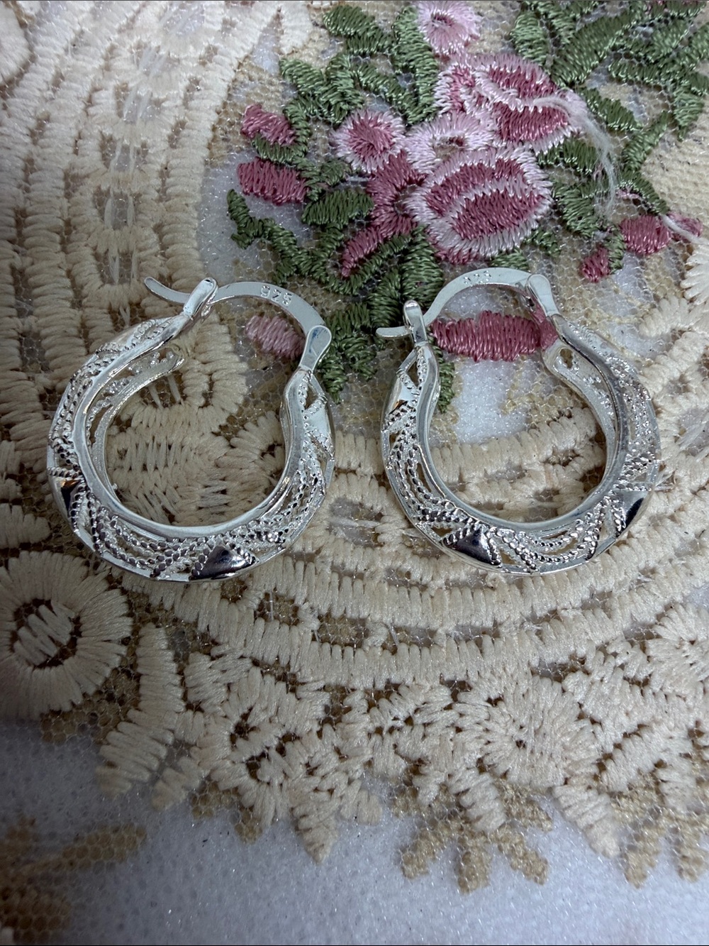 925 Sterling Silver Filigree Lace Statement Hoops – Heirloom Style Old Hollywood - Picture 2 of 6